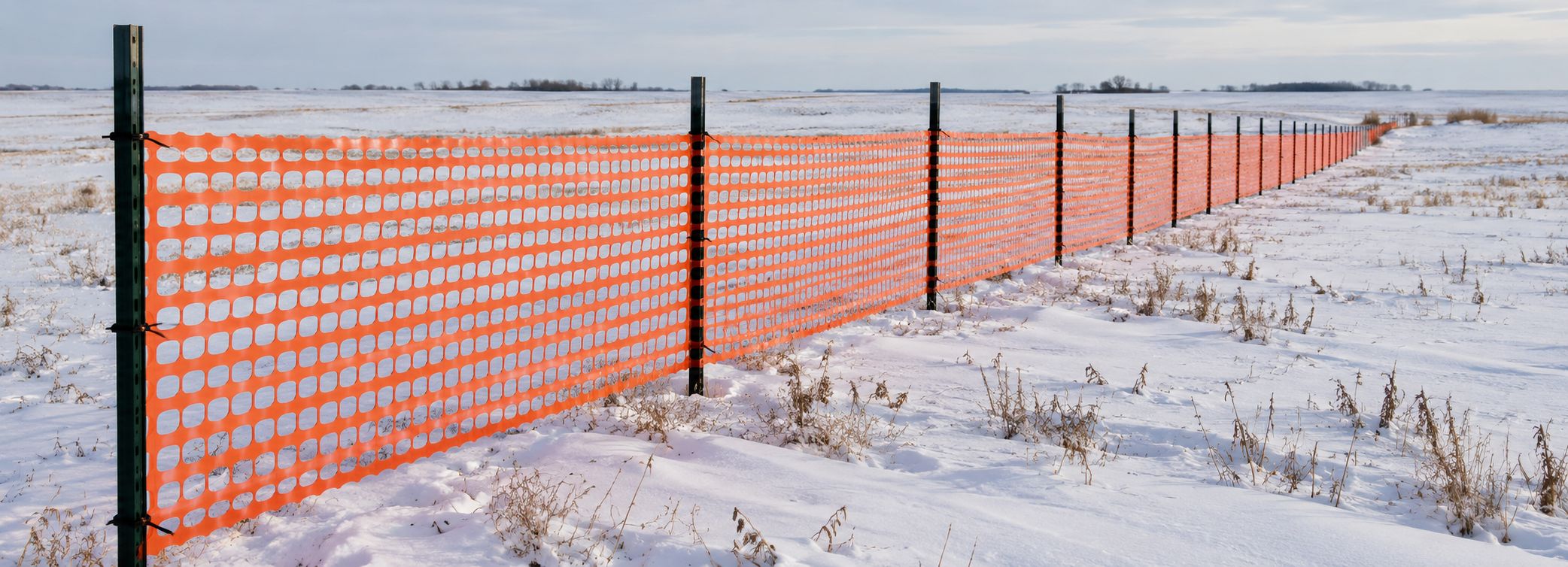Orange snow fence on steel posts across a snowy prairie